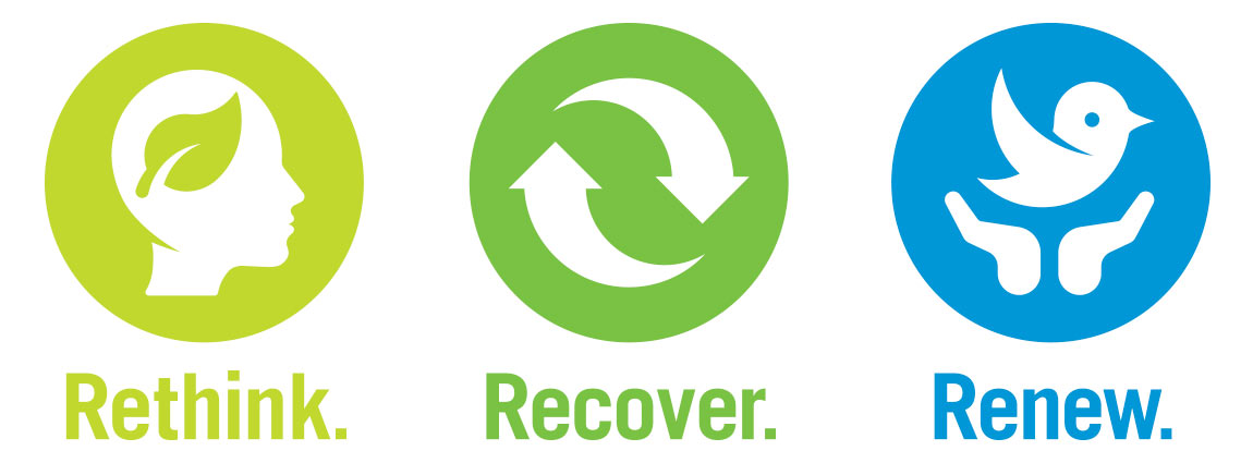 A graphic with icons and the words "Rethink. Recover. Renew."